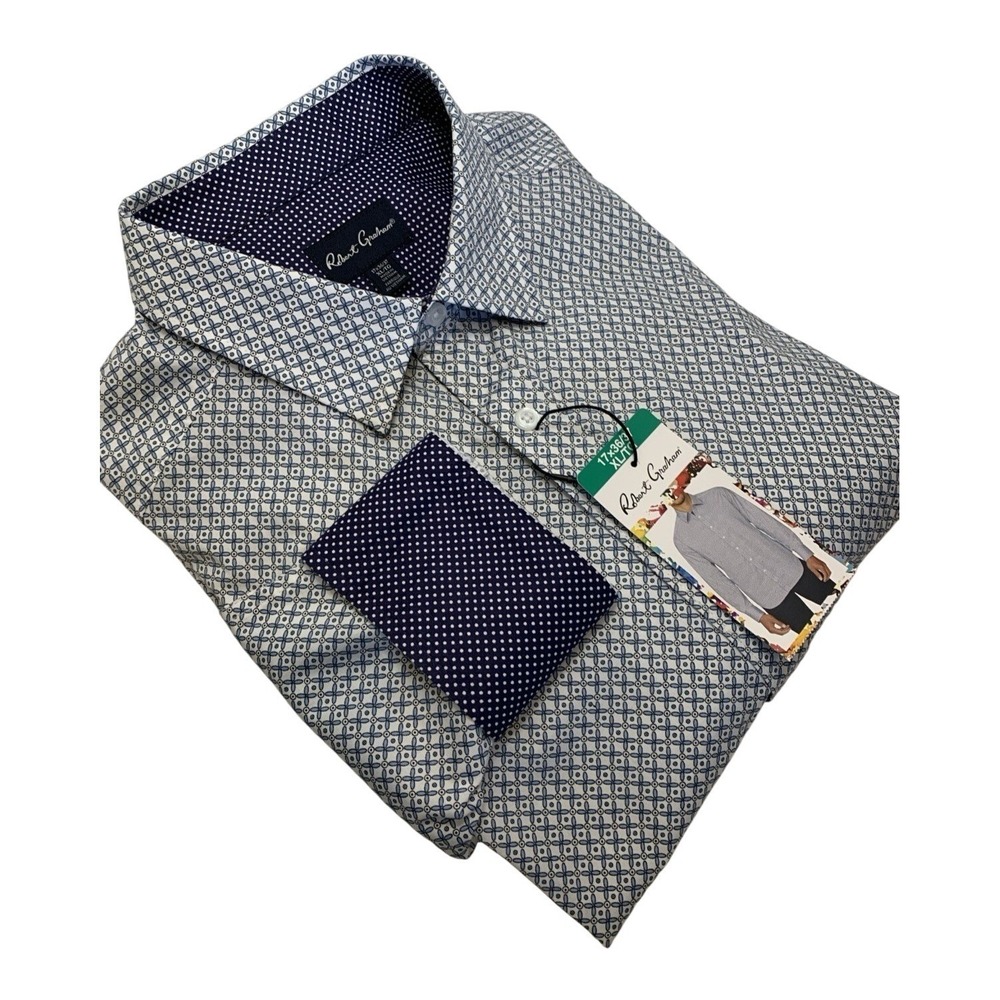 NWT Robert Graham Long Sleeve Geometric Pattern Flip Cuff Men's XL Shirt Blue
